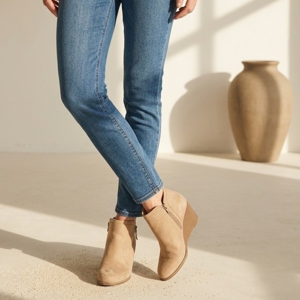 Time and Tru Womens Wedge Ankle Boots Taupe Faux‎ Suede Side Zip Size 8.5 Office